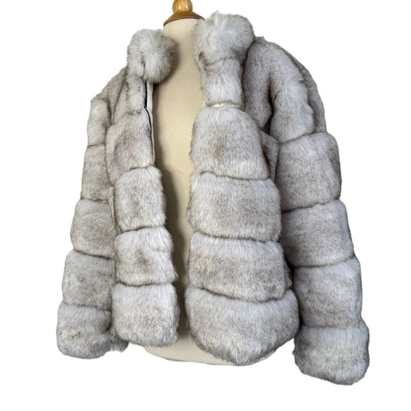 GUESS Oversized Faux Fur Jacket Gray Puffer Zip Up Coat SUPER SOFT Furry Sz L - Picture 8 of 11